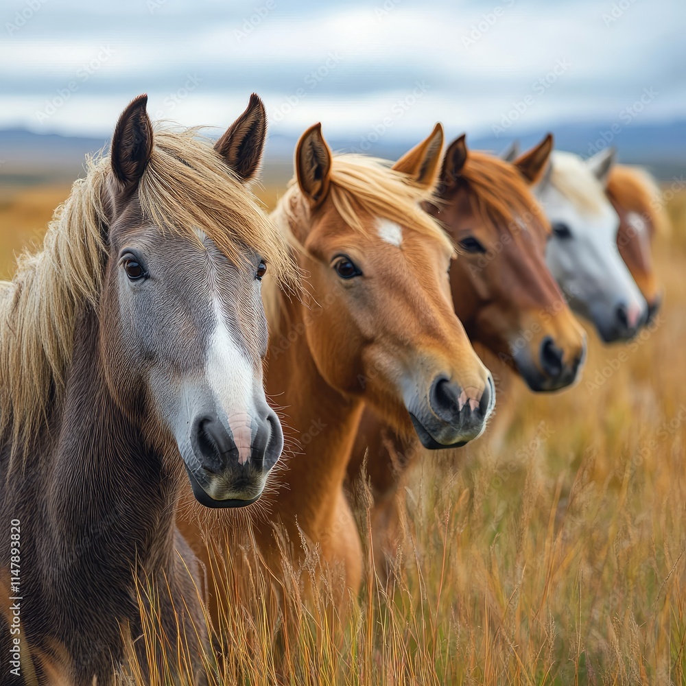 Icelandic horses standing in tall grass, iceland Icelandic horses standing in tall grass, iceland