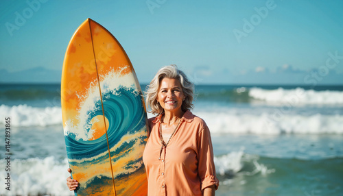 Granny confident in her orange surfboard embraces her passion at the beach on a sunny day photo