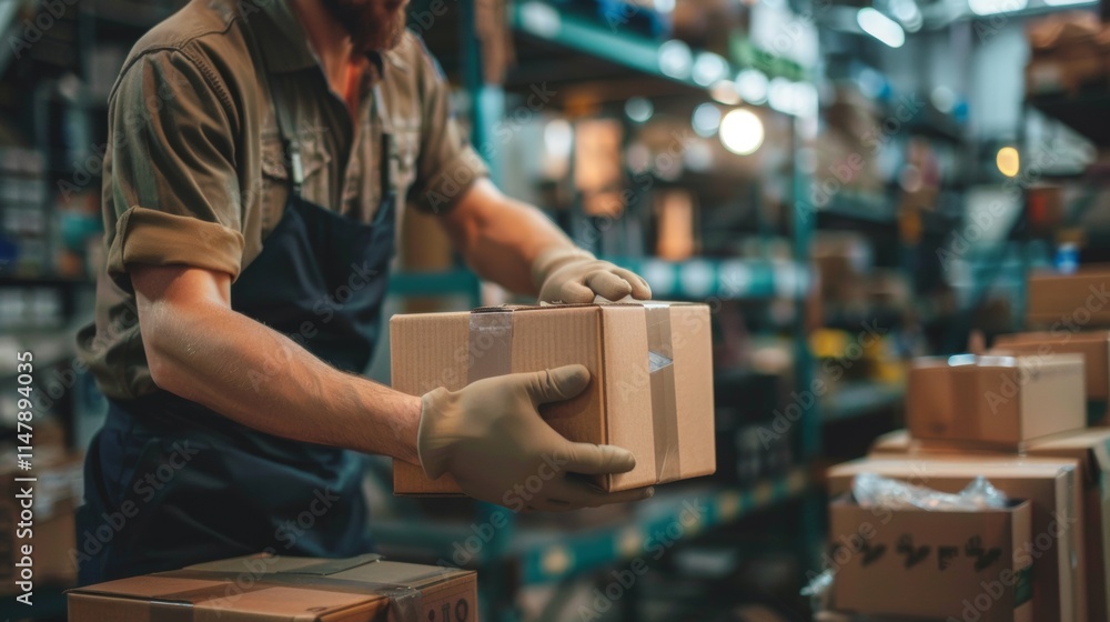 Warehouse Worker Packing Boxes on Factory Floor Warehouse Worker Packing Boxes on Factory Floor