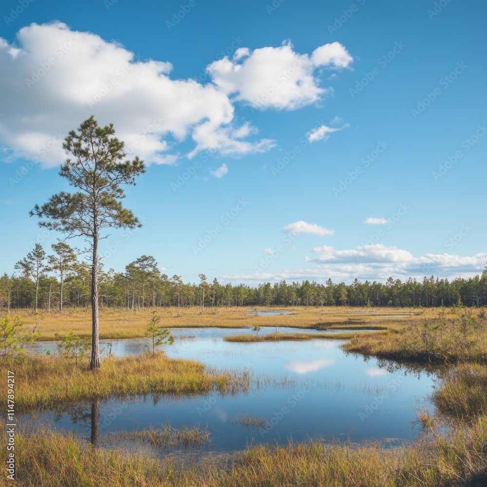 Fototapeta premium Empty swamp with ponds, pines, and blue sky