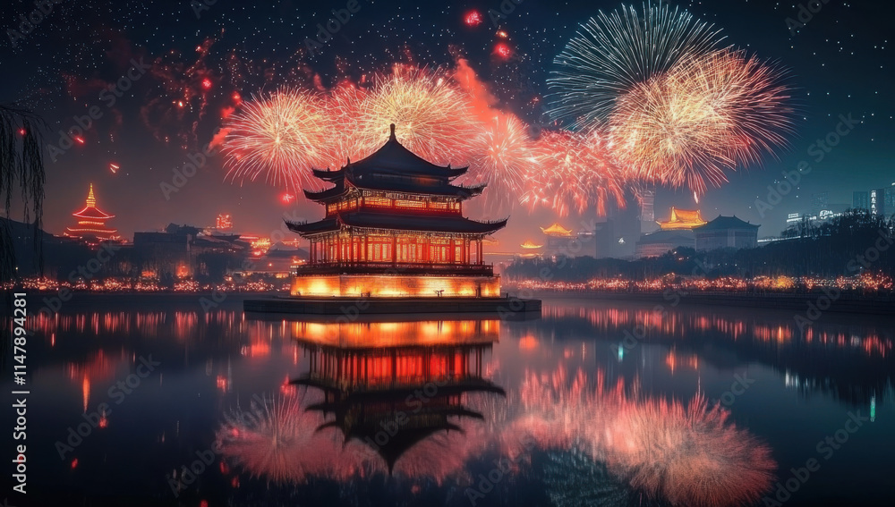 Obraz premium Fireworks and Festivities Photograph of Chinese new year fireworks celebrations on the chinese temple background