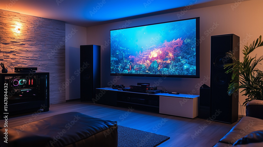 Fototapeta premium Gaming setup with a projector screen and a stealth-black, high-performance PC