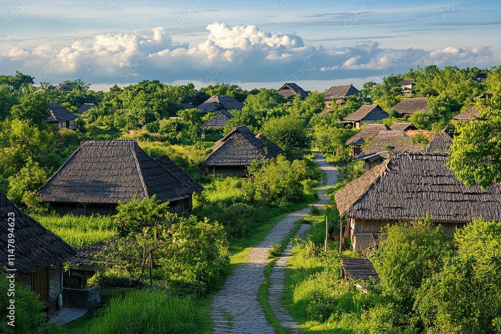 Fototapeta premium Charming village with thatched roof houses, stone path, lush greenery, and cloudy sky.