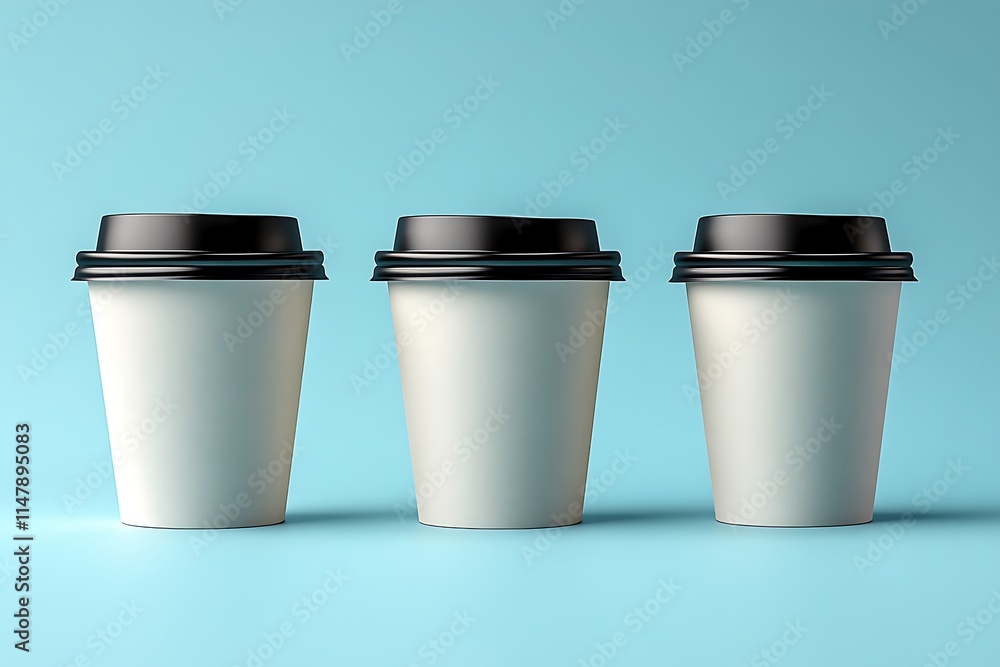 Three Blank Disposable Coffee Cups Against a Light Blue Background Three Blank Disposable Coffee Cups Against a Light Blue Background