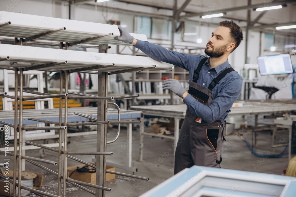 Factory worker storing aluminum window frames on metal rack Factory worker storing aluminum window frames on metal rack