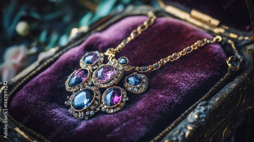 Fototapeta premium A Victorian necklace with sparkling gemstones, resting on a velvet jewelry box 