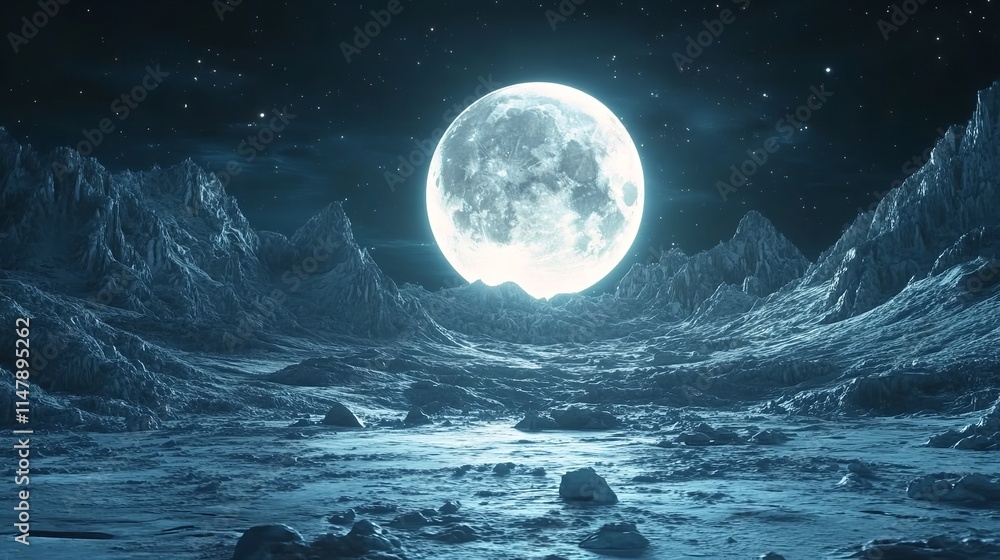 Stunning lunar landscape featuring a bright moon against a starry sky, showcasing the beauty of outer space. Stunning lunar landscape featuring a bright moon against a starry sky, showcasing the beauty of outer space.