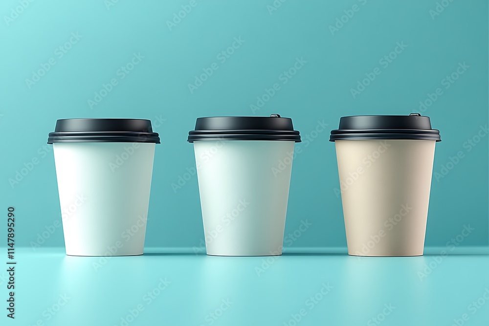 Three Blank Disposable Coffee Cups on a Teal Background Three Blank Disposable Coffee Cups on a Teal Background