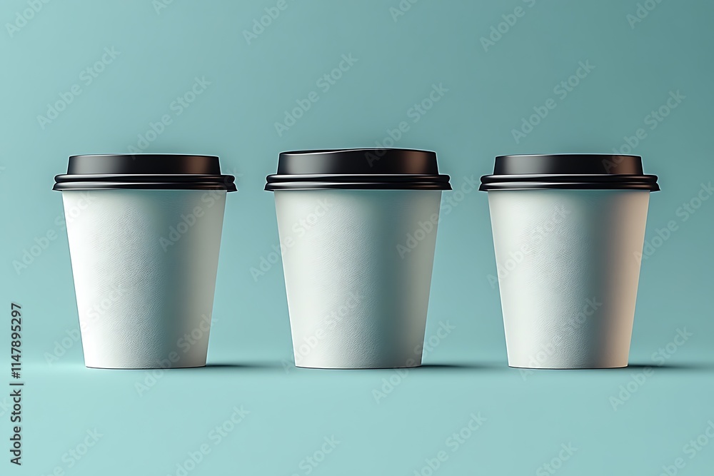 Three Blank Disposable Coffee Cups on Light Teal Background Three Blank Disposable Coffee Cups on Light Teal Background