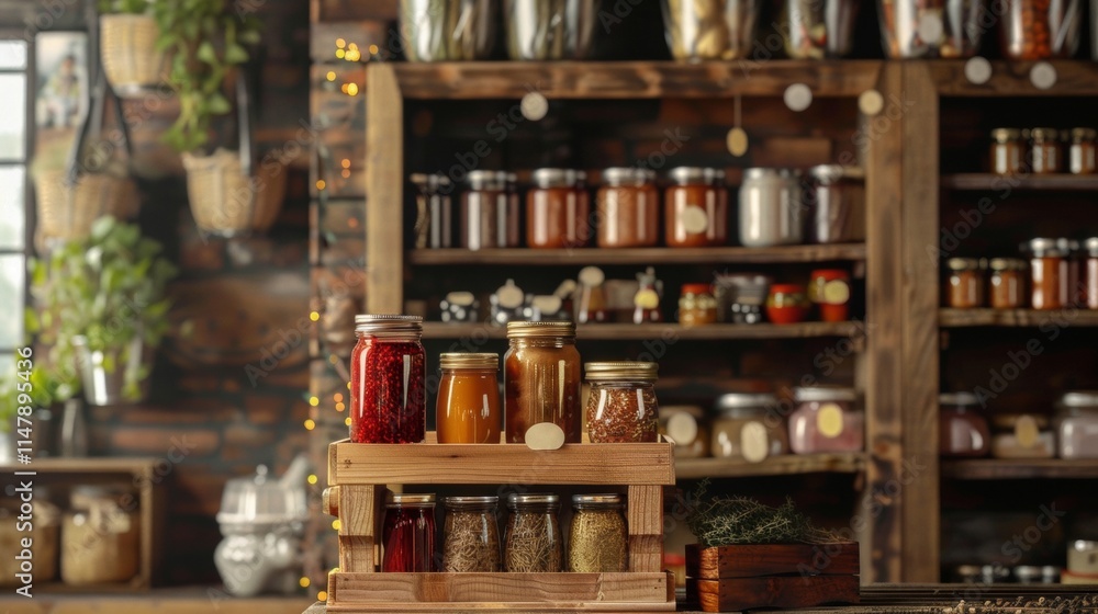 Rustic Shelves Filled with Jars and Bottles in Store Rustic Shelves Filled with Jars and Bottles in Store