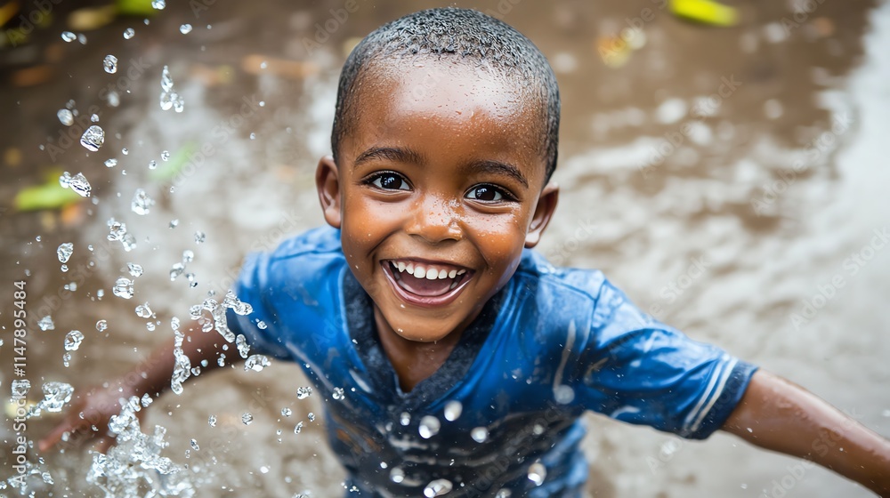 A young boy grinning widely while splashing in a puddle after the rain A young boy grinning widely while splashing in a puddle after the rain