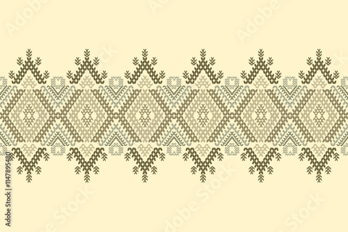 Ikat cross stitch geometric embroidery seamless knitted pattern on damask background. Perfect decorative design for sweater, fabric, decoration, illustration, ornament, texture, textile, interior