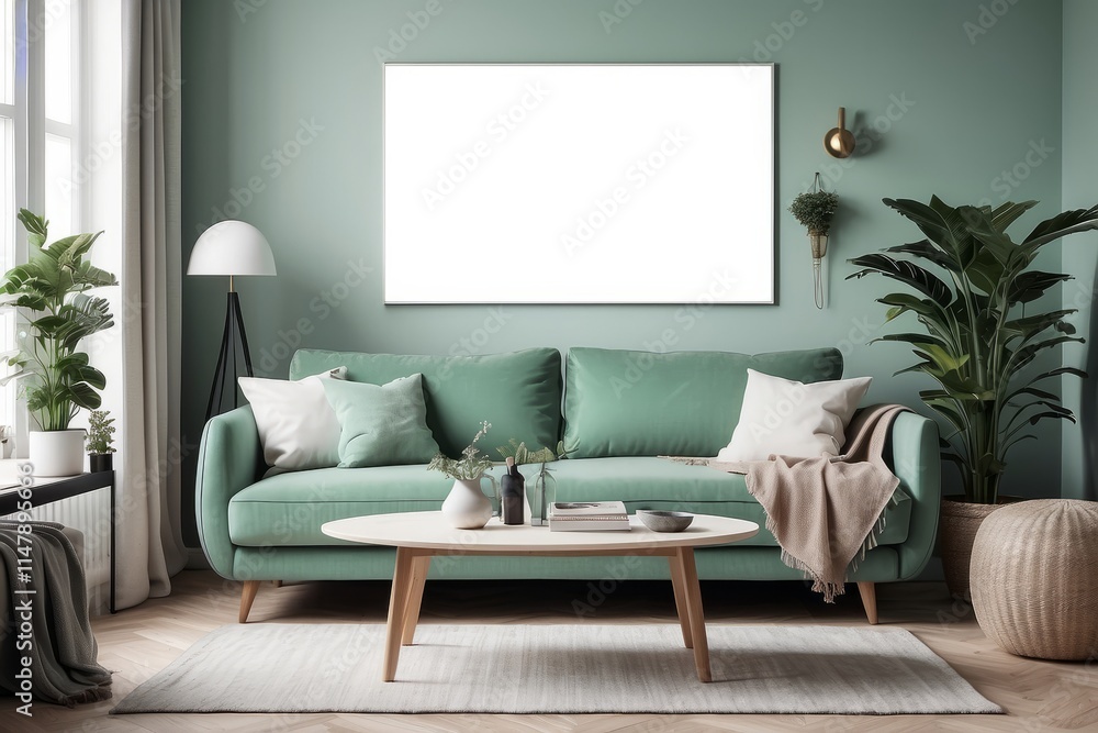 Stylish scandinavian living room interior with design mint green sofa, furnitures, mock up poster, plants, and elegant personal accessories Stylish scandinavian living room interior with design mint green sofa, furnitures, mock up poster, plants, and elegant personal accessories