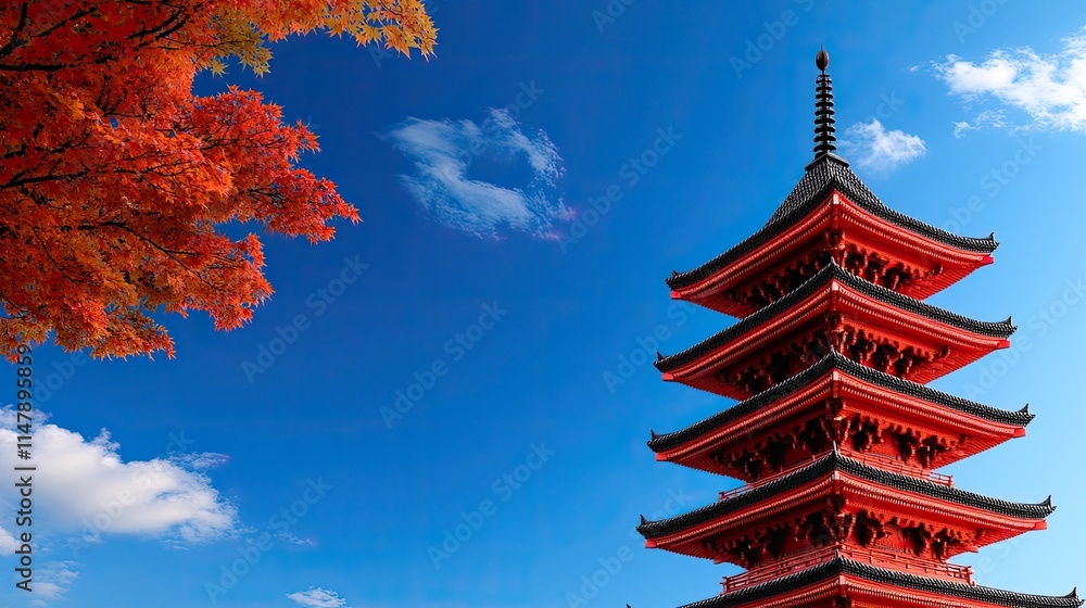 Stunning Red Pagoda with Vibrant Autumn Leaves and Clear Blue Sky in Japan's Scenic Landscape. Stunning Red Pagoda with Vibrant Autumn Leaves and Clear Blue Sky in Japan's Scenic Landscape.