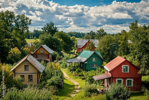 Wallpaper Mural Colorful houses in a picturesque village nestled amongst lush greenery under a vibrant sky. Torontodigital.ca