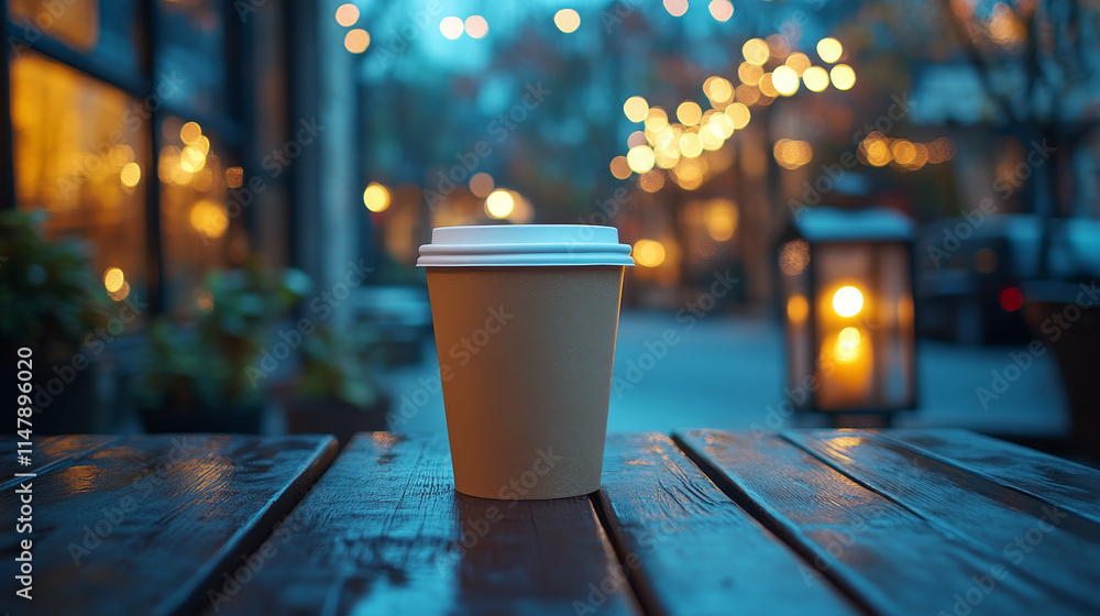 A takeaway coffee cup sits on a dark wooden table outside at night. The background is softly lit with warm-toned bokeh lights. A takeaway coffee cup sits on a dark wooden table outside at night. The background is softly lit with warm-toned bokeh lights.