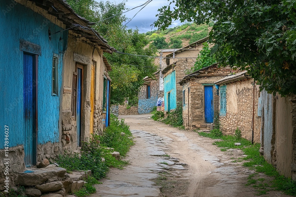 Colorful houses line a narrow, unpaved village street. Colorful houses line a narrow, unpaved village street.