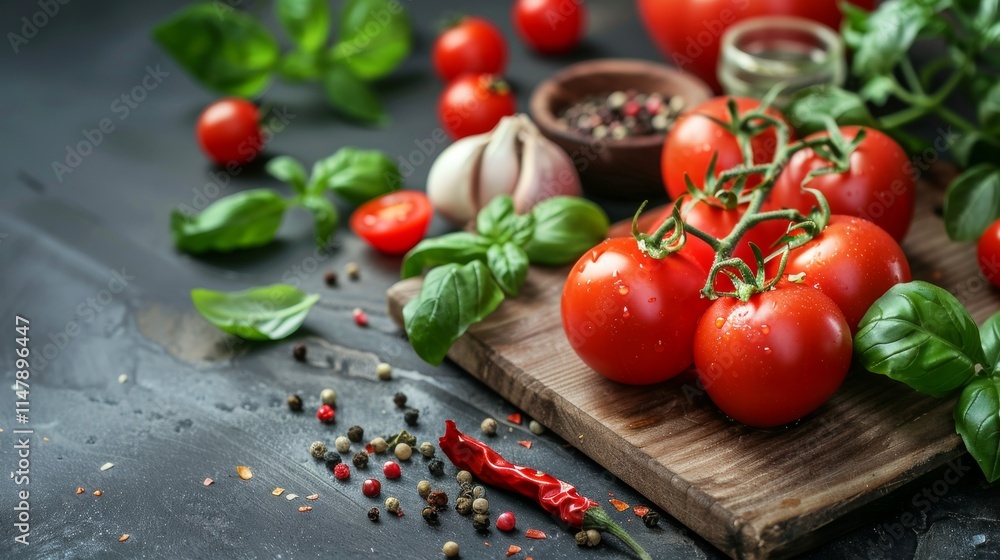 Fresh Tomatoes with Herbs on Rustic Wooden Table Fresh Tomatoes with Herbs on Rustic Wooden Table