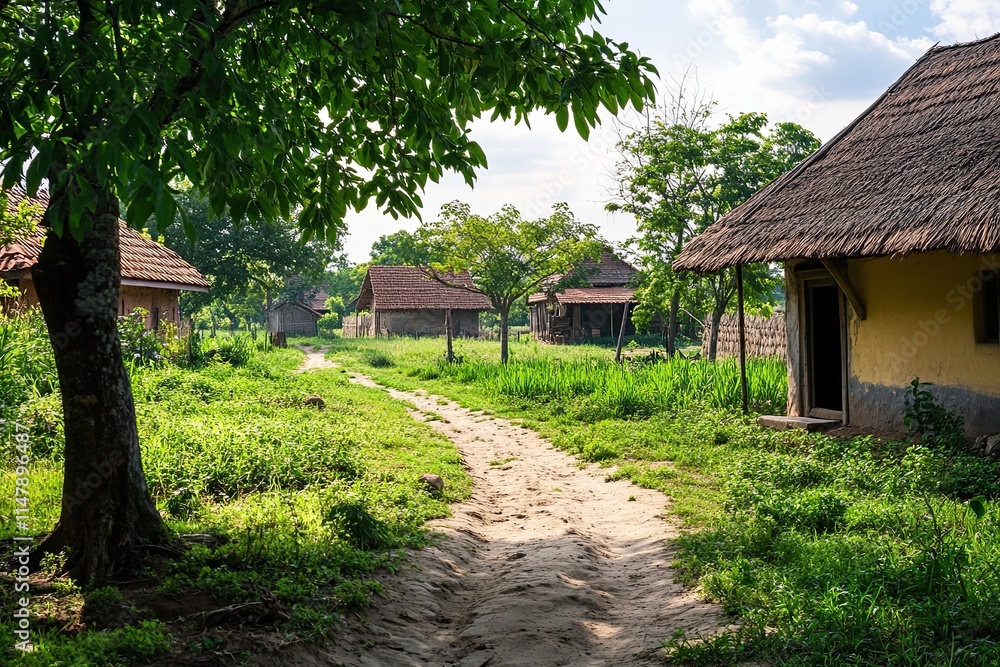 Dirt path leads through quaint village with traditional houses and lush greenery under sunny sky. Dirt path leads through quaint village with traditional houses and lush greenery under sunny sky.