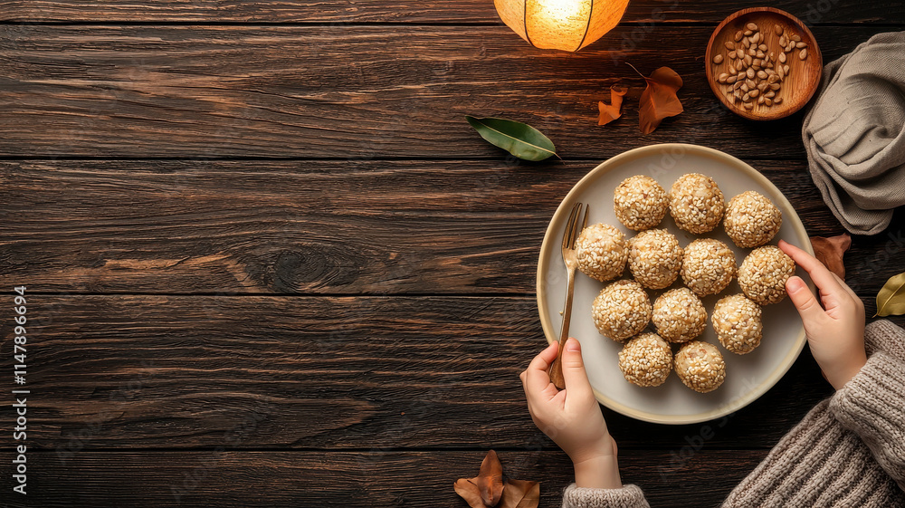child reaching for plate of sesame balls on wooden table child reaching for plate of sesame balls on wooden table