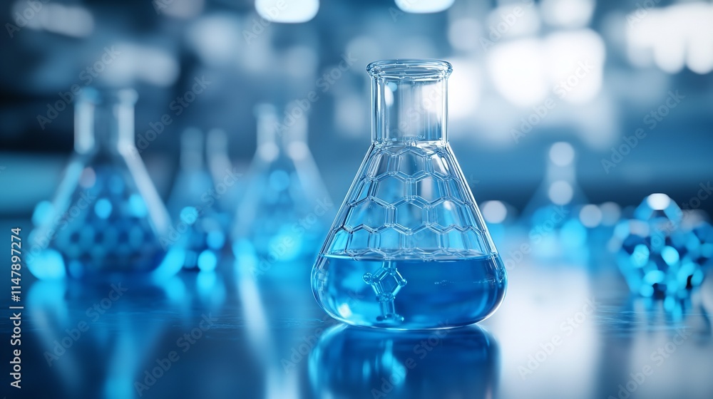 An illuminated science lab flask with blue liquid and bubbles on a bokeh background. An illuminated science lab flask with blue liquid and bubbles on a bokeh background.