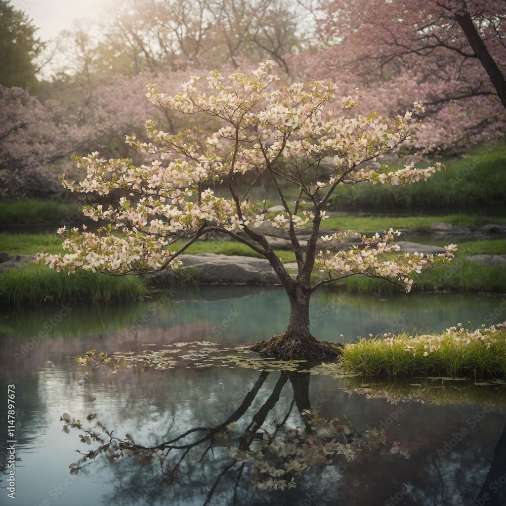 A flowering dogwood tree in bloom, with soft pastel hues surrounding a tranquil pond. A flowering dogwood tree in bloom, with soft pastel hues surrounding a tranquil pond.