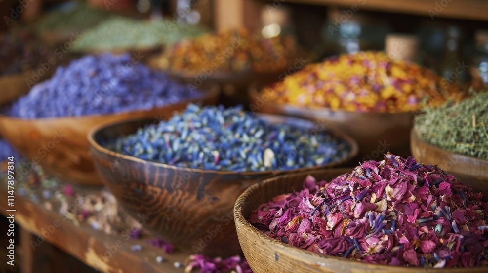 Assorted Spices and Dried Flowers in Market Display Assorted Spices and Dried Flowers in Market Display