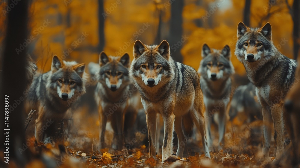 Obraz premium Wolf pack standing in the autumn forest