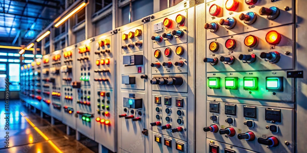 Industrial Electrical Control Panel Close Up, Switchboard, Automation System, Wiring, Circuit Breaker, Electrical Engineering, Power Distribution, Energy Management Industrial Electrical Control Panel Close Up, Switchboard, Automation System, Wiring, Circuit Breaker, Electrical Engineering, Power Distribution, Energy Management