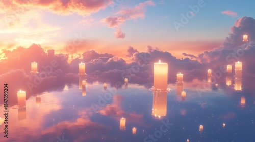 Serene scene of glowing candles floating on water at sunset, surrounded by clouds and a colorful sky.