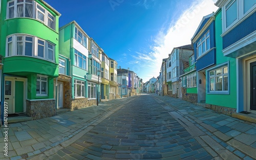 A wide street view of colorful maritime-style houses in St. Ives, Ryder Quay Street, with green and blue hues.  photo