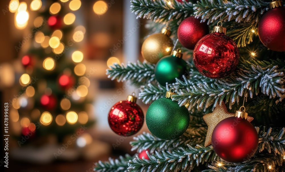 Festive Christmas tree decorations close-up Festive Christmas tree decorations close-up