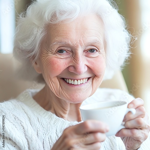 A smiling elderly woman with wellfitted dentures enjoying a cup of tea photo