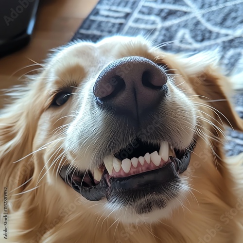 A closeup of a golden retriever s teeth in a wide, goofy smile photo