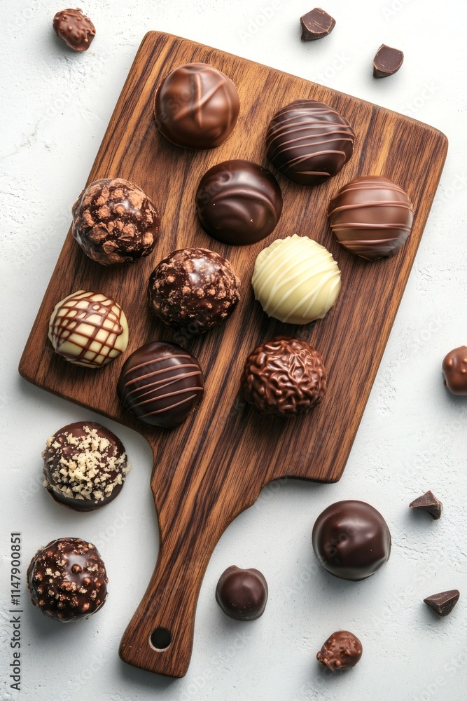 Chocolate pralines resting on wooden cutting board Chocolate pralines resting on wooden cutting board