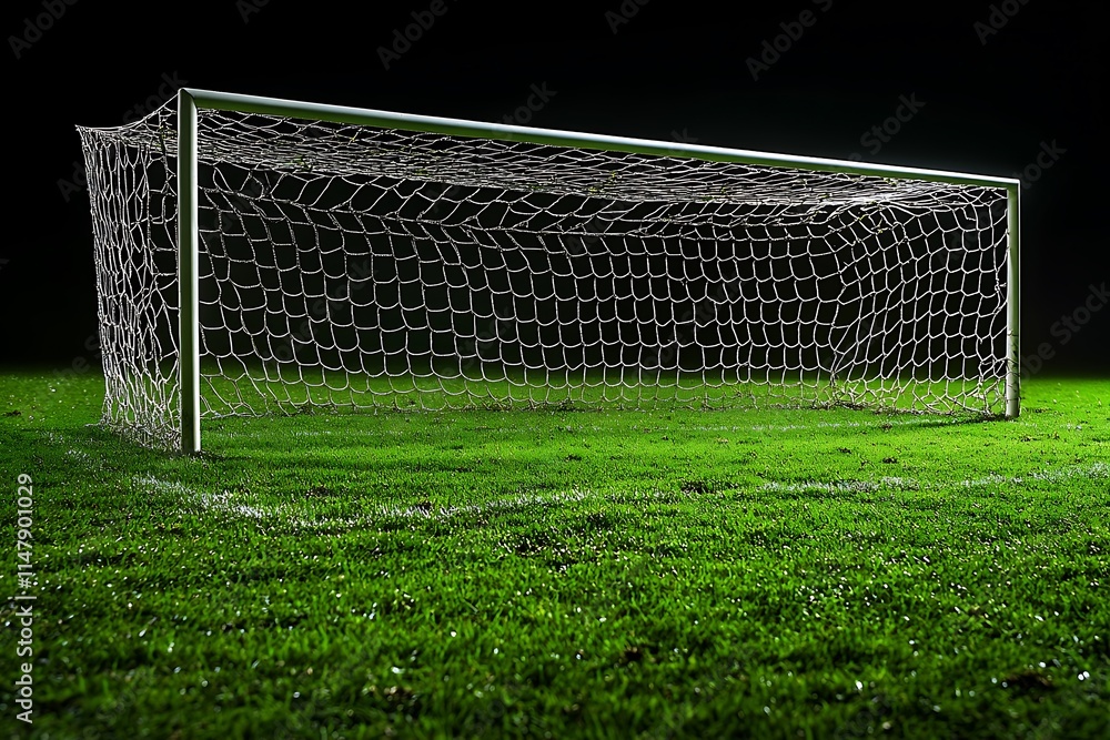 Fototapeta premium Empty Soccer Goal at Night on a Green Field