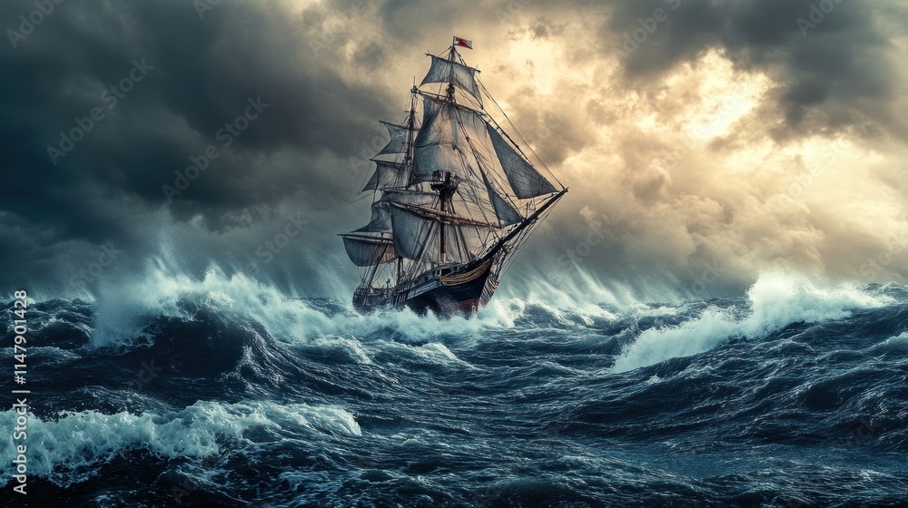 Obraz premium A Stormy Sea with a Ship Battling the Waves