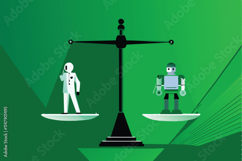 A balanced scale depicting the ethical considerations of Artificial Intelligence; one side shows benefits, the other, potential harms.  Illustrate with symbolic imagery.