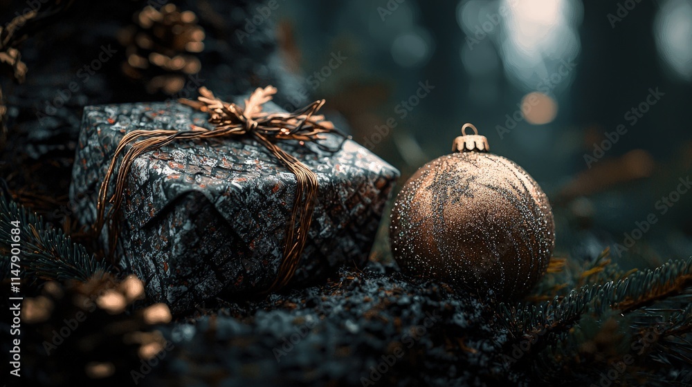 Obraz premium Rustic Christmas gift and ornament in dark forest setting.