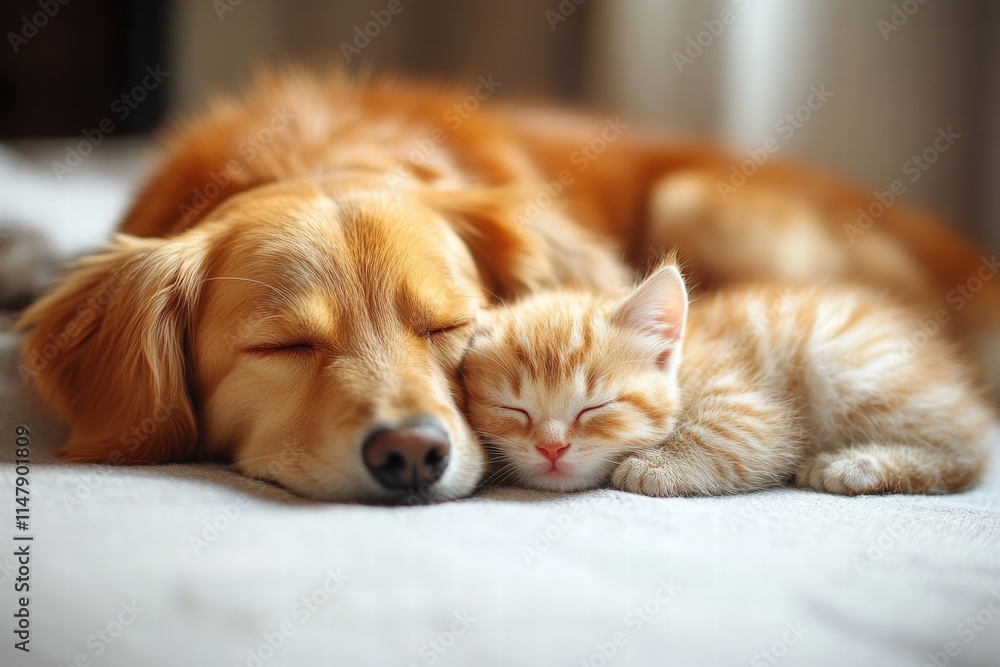 Adorable Golden Retriever Dog and Ginger Kitten Sleeping Peacefully Together on Soft Bed in Cozy Indoor Setting Adorable Golden Retriever Dog and Ginger Kitten Sleeping Peacefully Together on Soft Bed in Cozy Indoor Setting