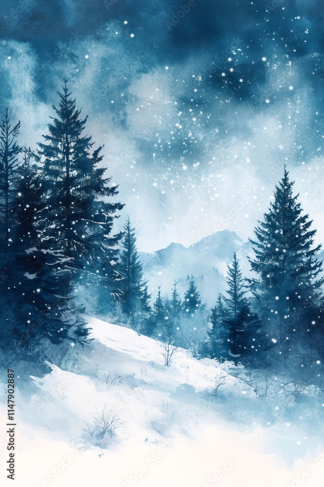 Snow falling on pine trees in winter wonderland landscape Snow falling on pine trees in winter wonderland landscape
