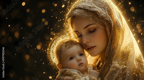 mary with baby jesus painting with golden lights and sparkles on black background copy space	