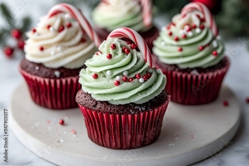 Delicious christmas red velvet cupcakes with candy cane toppings