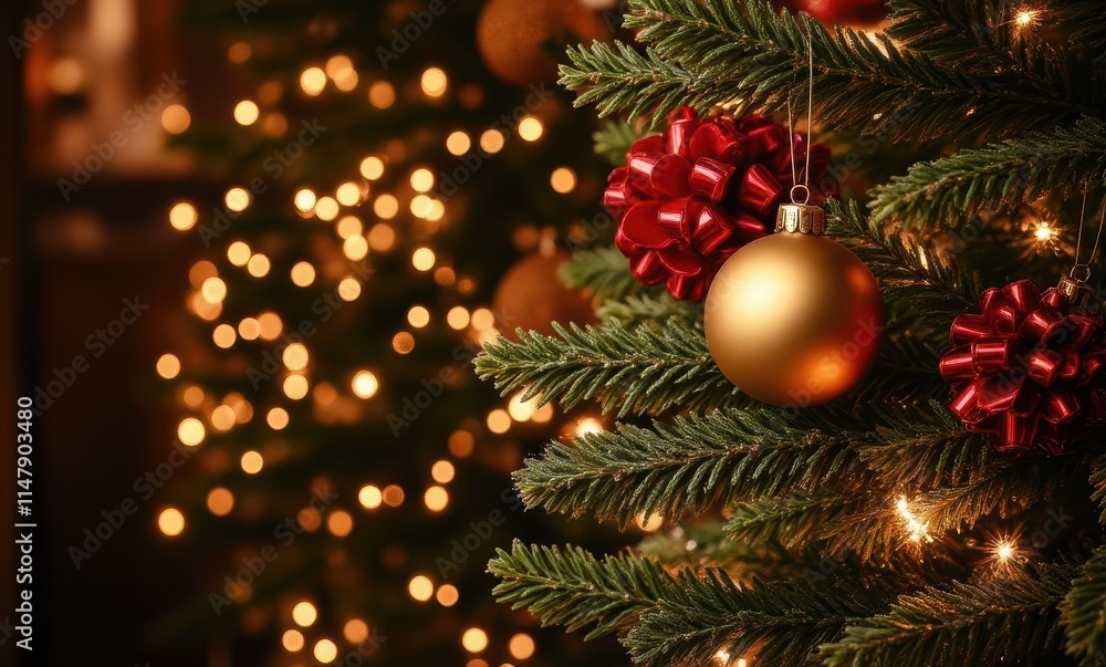 Festive Christmas tree decorations glow warmly Festive Christmas tree decorations glow warmly