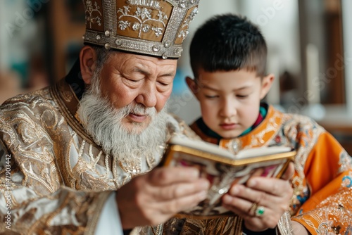 Saint Basil's Day.A serene moment of a spiritual elder and a child holding a religious icon with a burning candle, captured during a traditional ceremony. photo