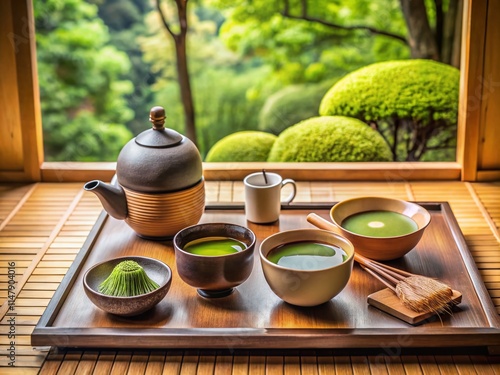 Japanese Tea Ceremony Table Photography: Serene Still Life, Chabana, Matcha, Traditional Tea Set, Zen Garden, Minimalist Aesthetic photo