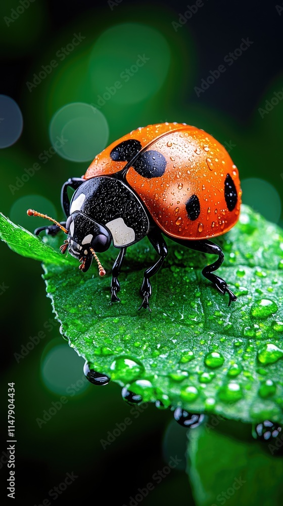 Obraz premium Vibrant Ladybug Resting on Dew-Kissed Leaf in Lush Greenery with Soft Focus Background
