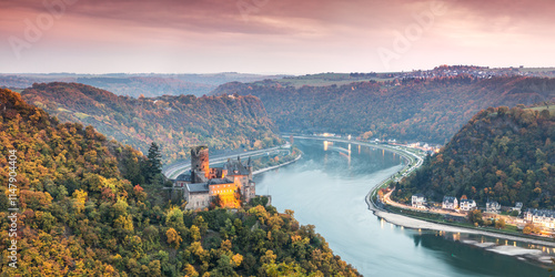 Burg Katz castle and romantic Rhine river in autumn at sunset, Germany