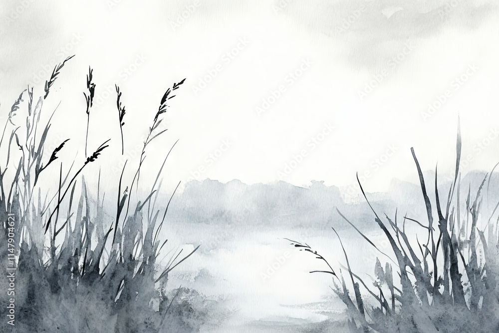 Obraz premium Tranquil watercolor scene featuring tall grasses and a misty horizon, evoking calm and serenity in monochrome shades.