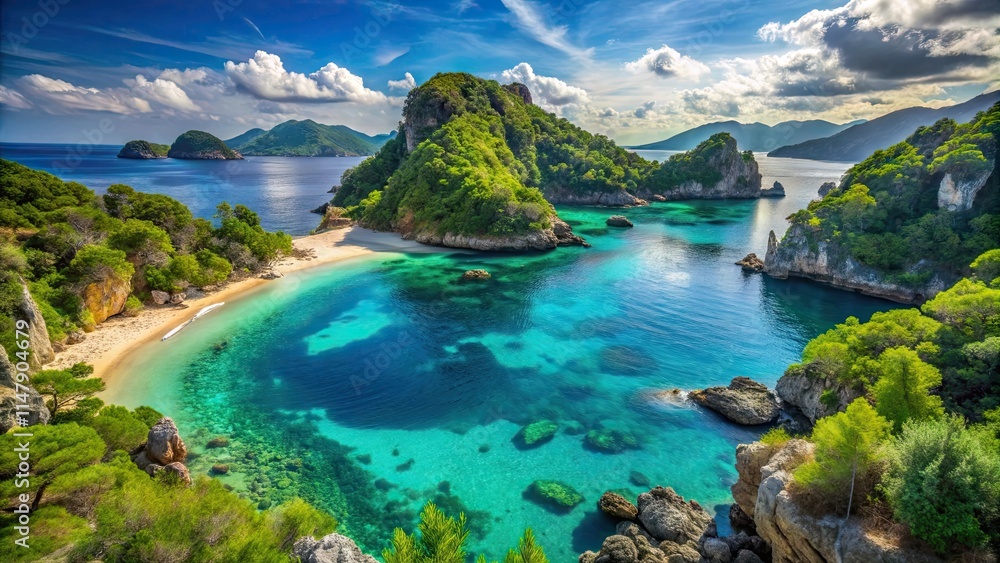 Fototapeta premium Serene Coastal Cove with Lush Green Hills and Turquoise Waters